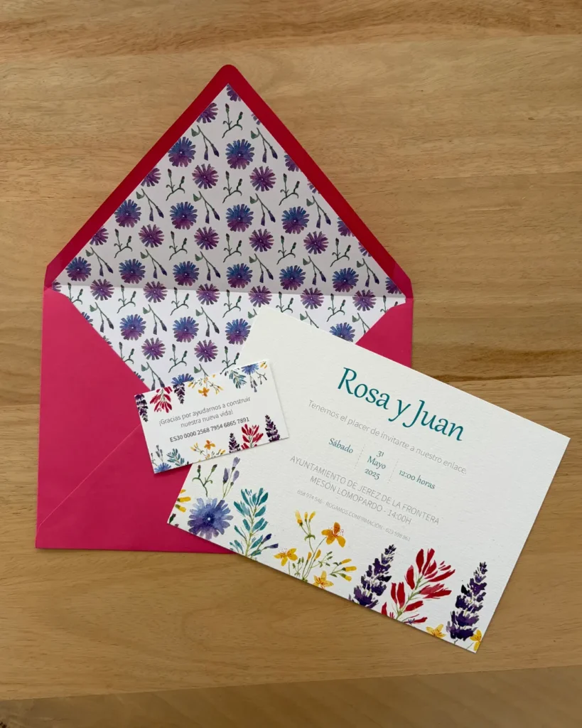 Invitación de Boda Acuarela 010 - Invitación, sobre forrado y tarjeta