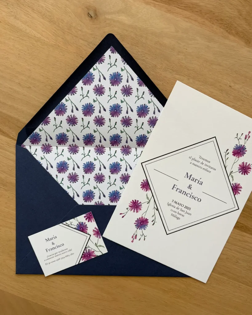 Invitación de Boda Acuarela 030 - Invitación, sobre forrado y tarjeta